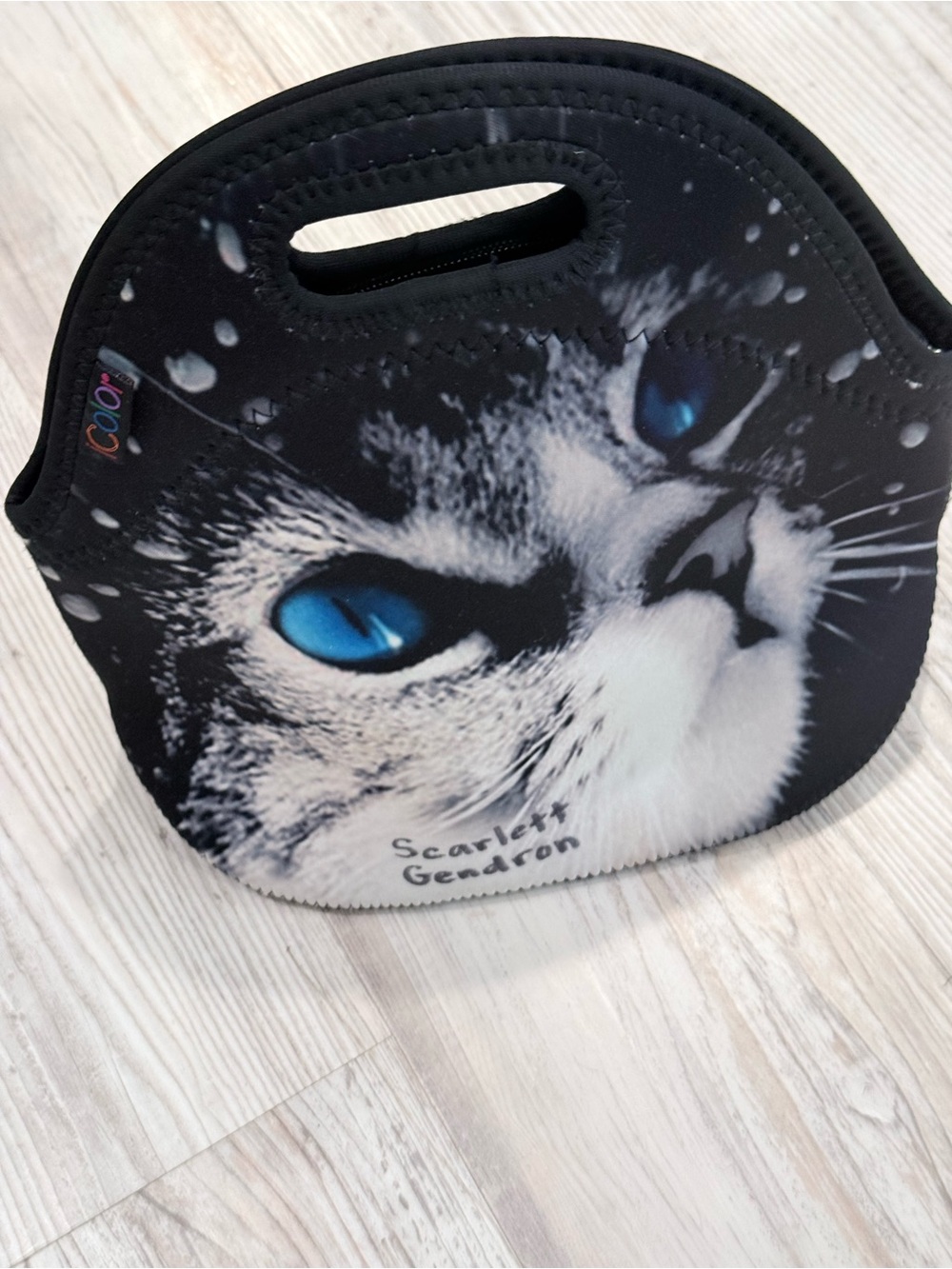 Kids Neoprene Cat Face Lunch Bag Tote - Black with Blue Eyes